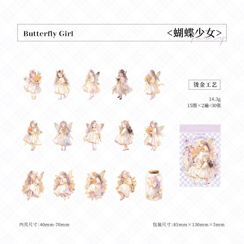 30 Pcs Fairy Tale Forest Girl Character Theme Hot Stamping Three-dimensional PET Sticker Bag Scrapbooking Accessories