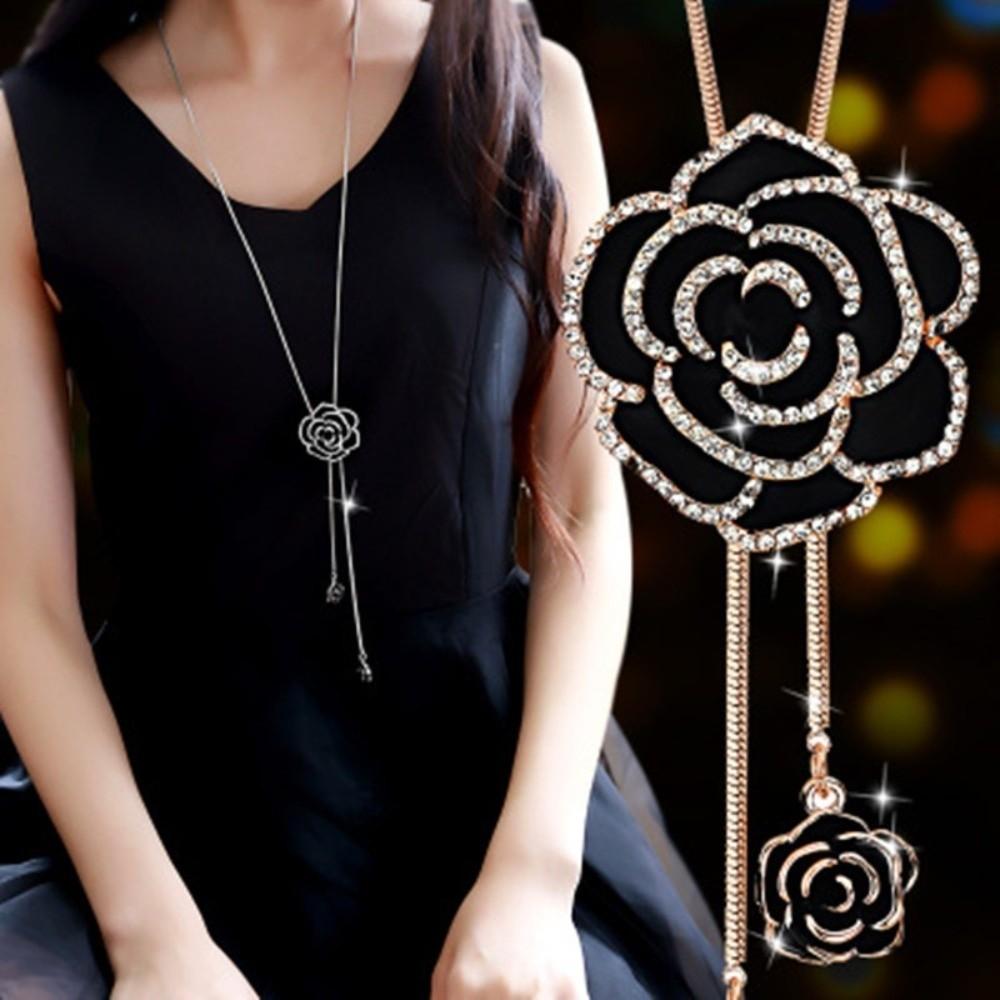 Rose Flower Rhinestone Necklace Rose Gold Clavicle Chain Unique Black Necklace  Festival
