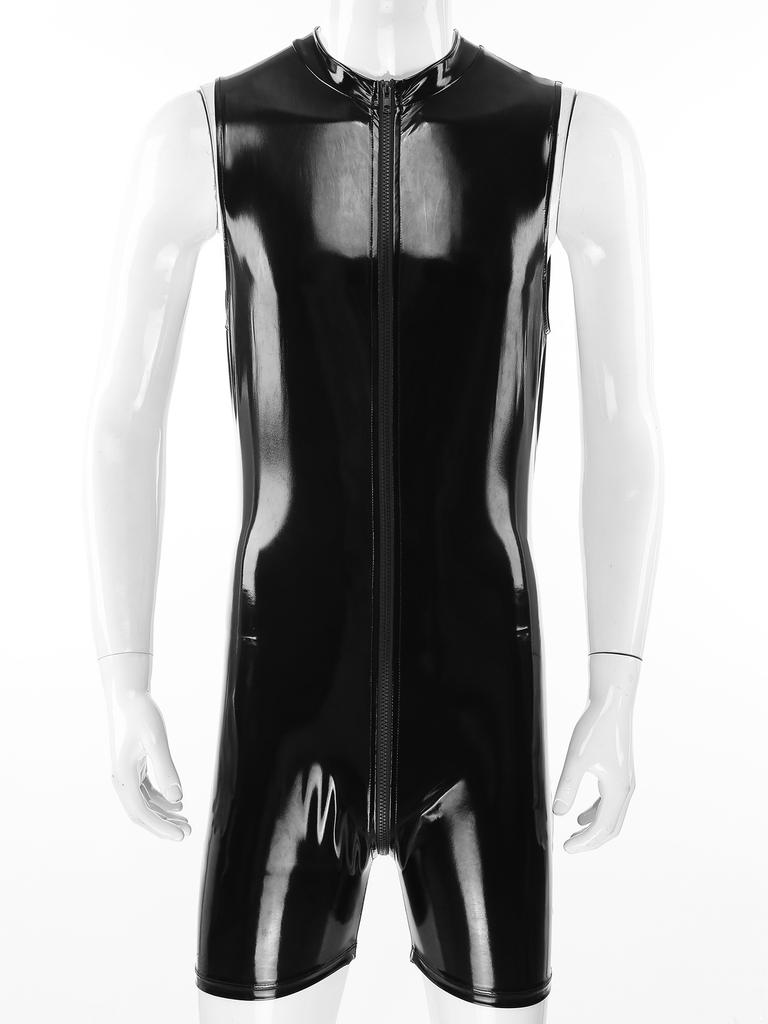 Men's Wet Look Patent Leather Bodysuit Long Sleeve Zipper Jumpsuit Catsuit Clubwear