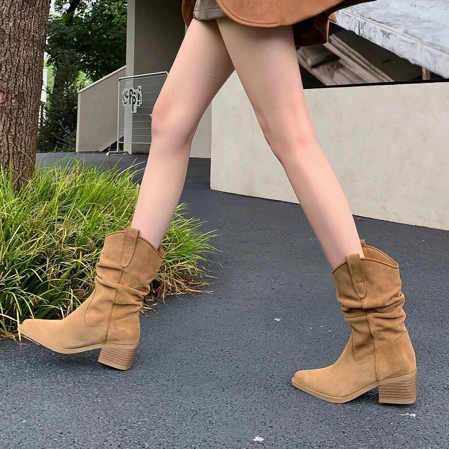 Fashion Spring Autumn Retro Square Toe Ladies Mid Calf Shoes on Promotion Y2k 2024 Comfortable and Elegant Work Women's Half High Boots