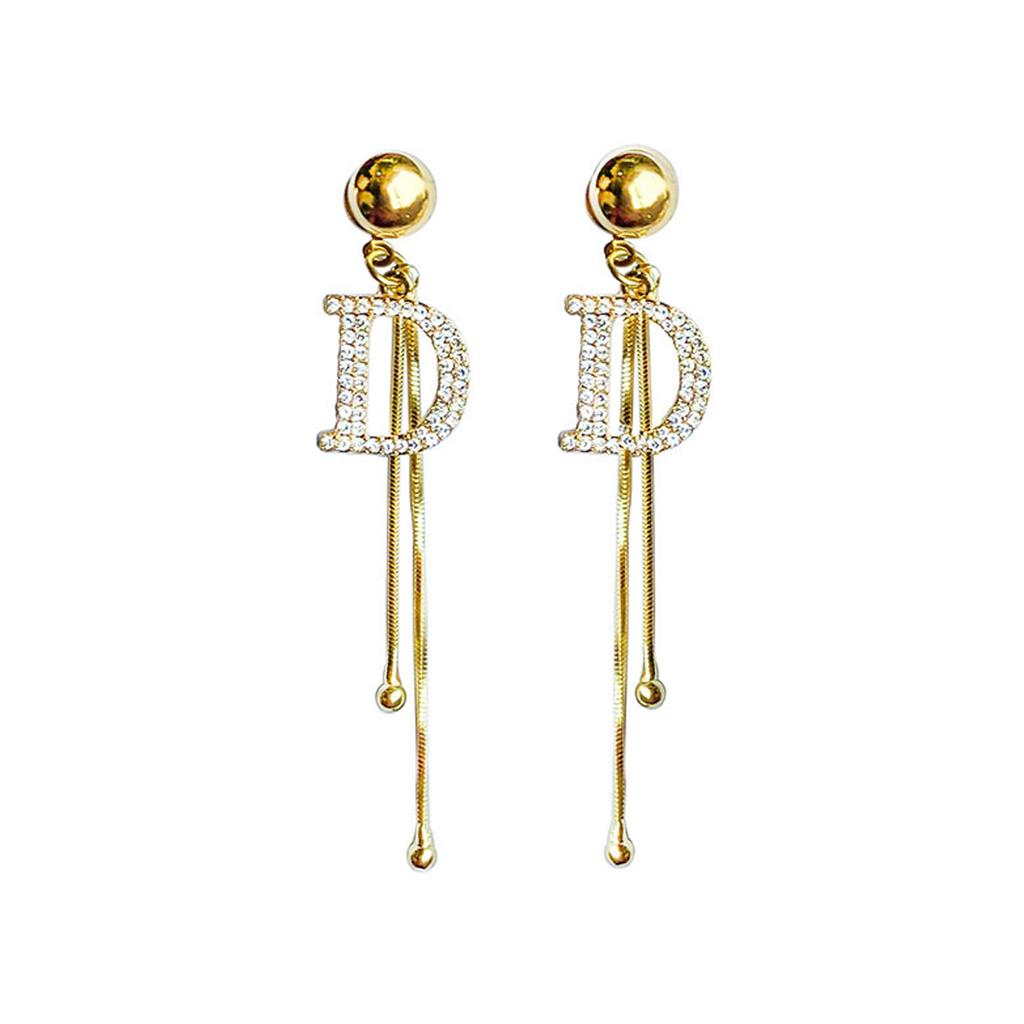 Temperamentvolle Lange Ohrringe mit vollem D-Buchstaben, Goldfarben, Mode-Quastenohrringe, Netz, Damenohrringe