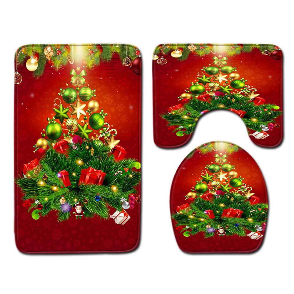 Christmas Bathroom Non-Slip Doormat Bathroom Waterproof Shower Curtain Toilet Floor Mat Four-Piece Shower Room Absorbent Carpet