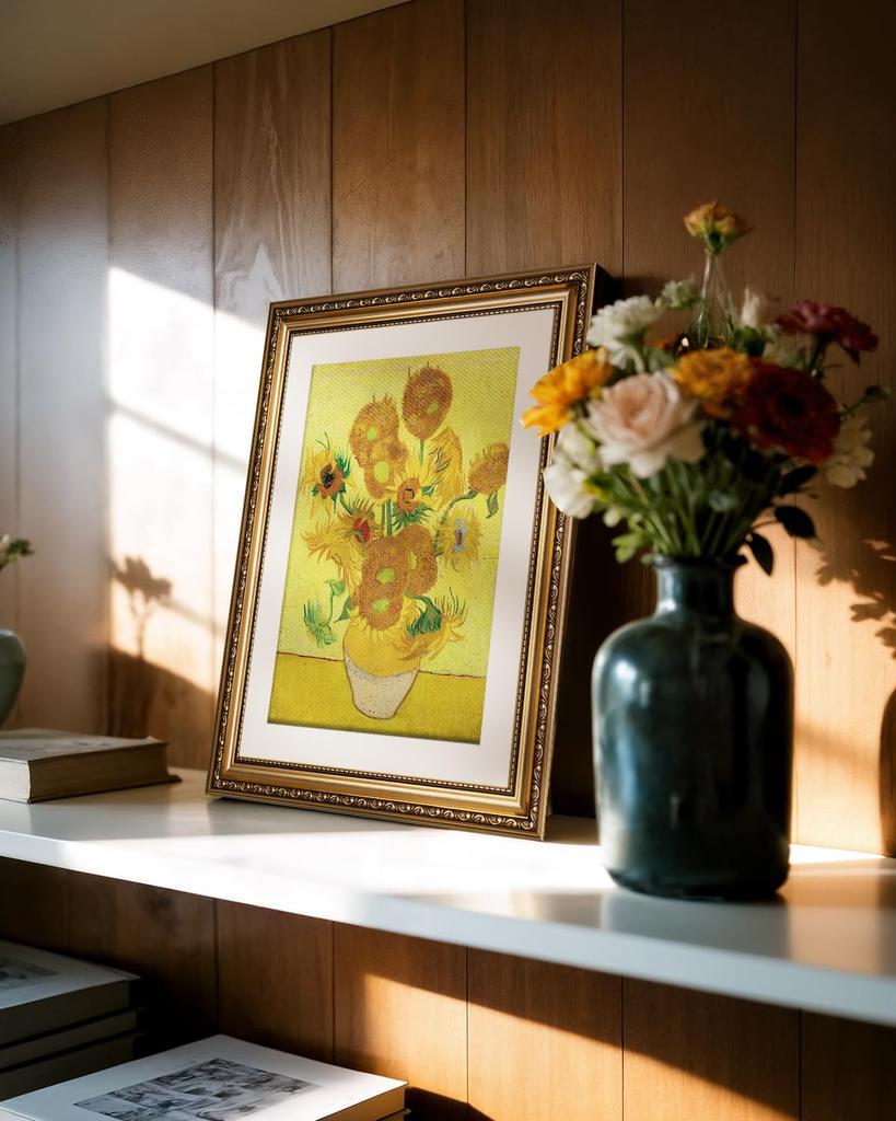 RINTO Van Gogh Sunflowers Art Stylish Wall Art with Gold Good Wall Room Feng Shui Living Art Reproduction, Panel, Poster, Frame, Fortune, Hanging,