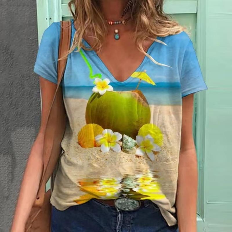 Hawaii Beach T-Shirts Starfish 3D Print Women Short Sleeve T Shirt V-Neck Streetwear Oversized Harajuku Female Tees Top Clothing