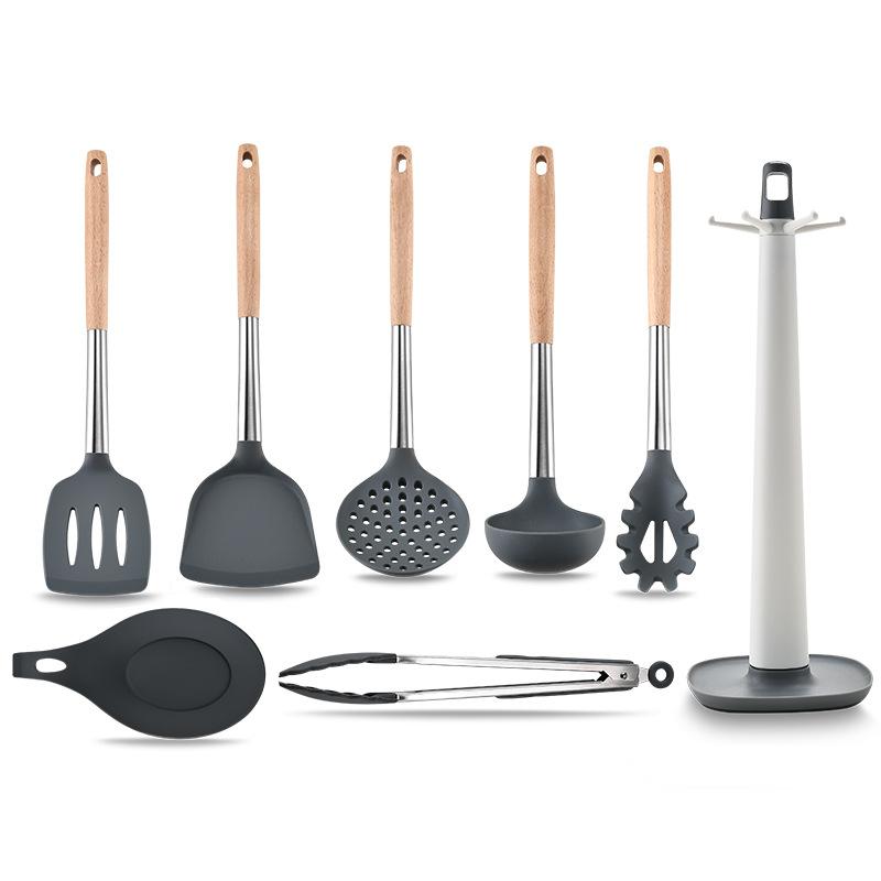 8 PCS Silicone Cooking Kitchen Utensil Set Wooden Handle Kitchen Baking Tools Kitchenware Accessories Storage Bucket