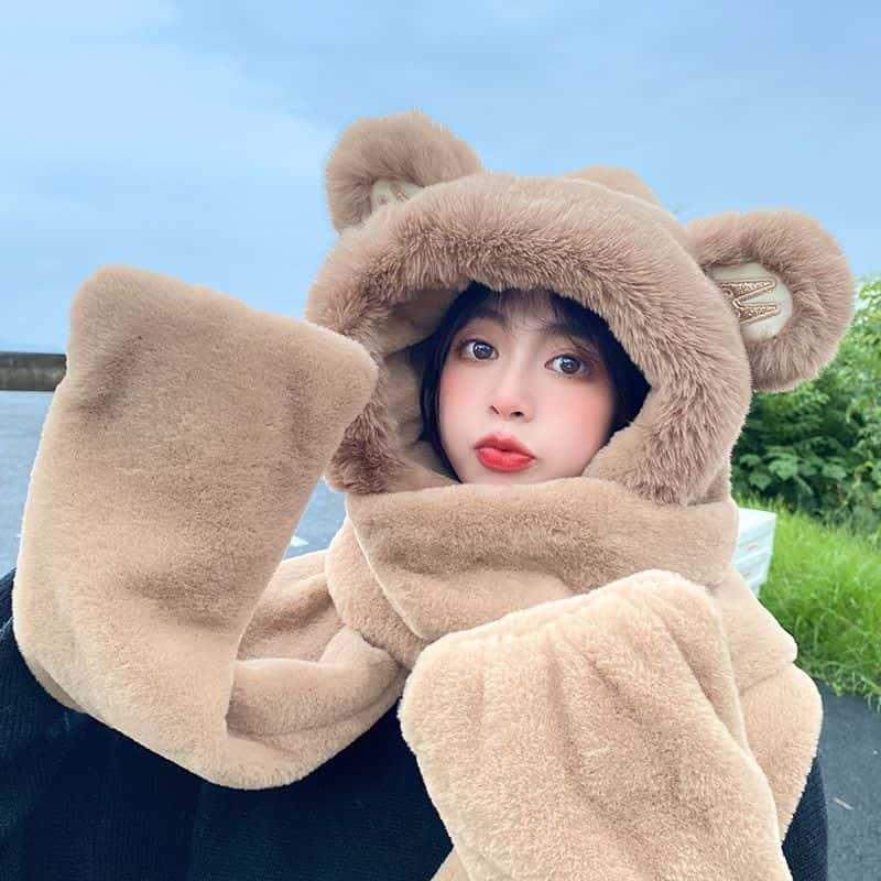 

Зимний плюшевый комплект с капюшоном: Шапка-медведь, шарф и перчатки - Теплые, ветрозащитные и универсальные