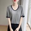 Bamboo-joint Linen Round-neck Contrasting Color Knitted Short-sleeved Summer New Versatile U-neck T-shirt Thin Top
