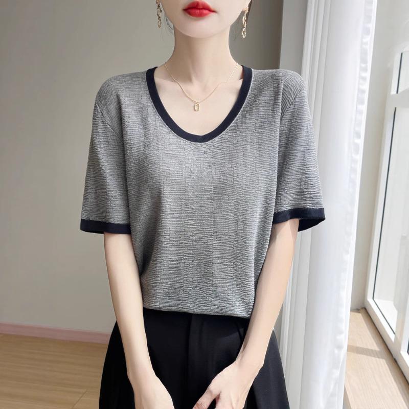 Bamboo-joint Linen Round-neck Contrasting Color Knitted Short-sleeved Summer New Versatile U-neck T-shirt Thin Top