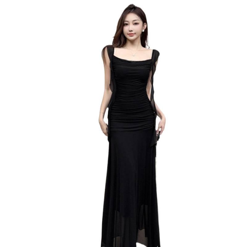 Elegant French Fairy Mesh Camisole Maxi Dress - Travel, Resort, Pleated, Cinched Waist, Hip-Hugging Mermaid Style for Women.