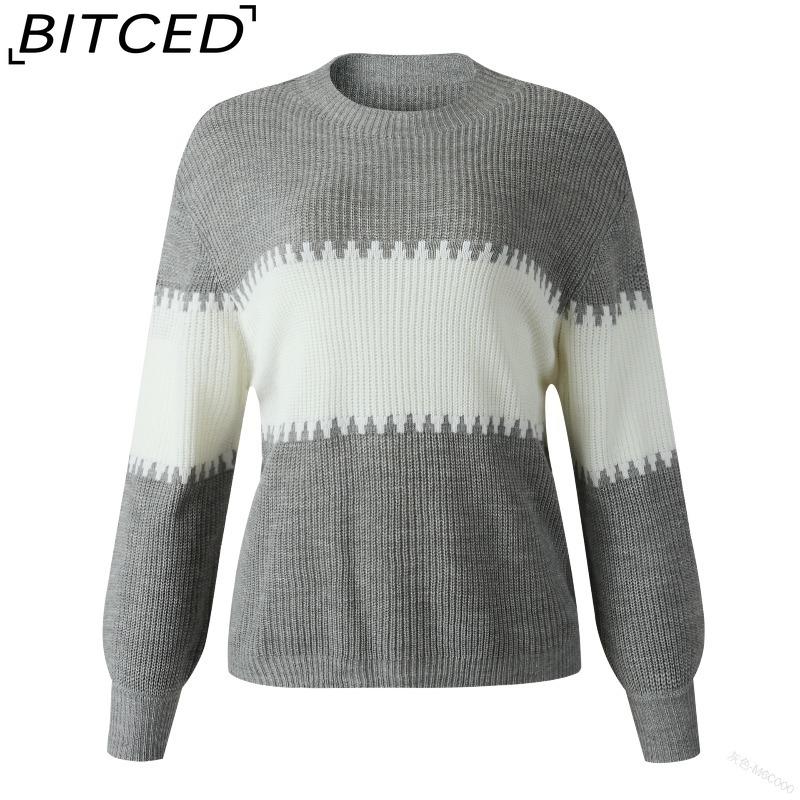 BITCED Color-Block Striped Sweater with Lantern Sleeves Women's O-Neck Top in European Style