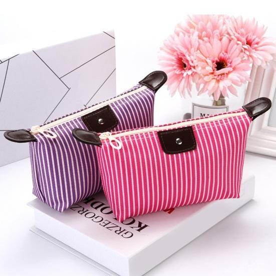 Striped Cosmetic Bag Portable Zippered Small Makeup Bag Foldable Stylish Toiletry Bag for Makeup Brushes Skincare Products