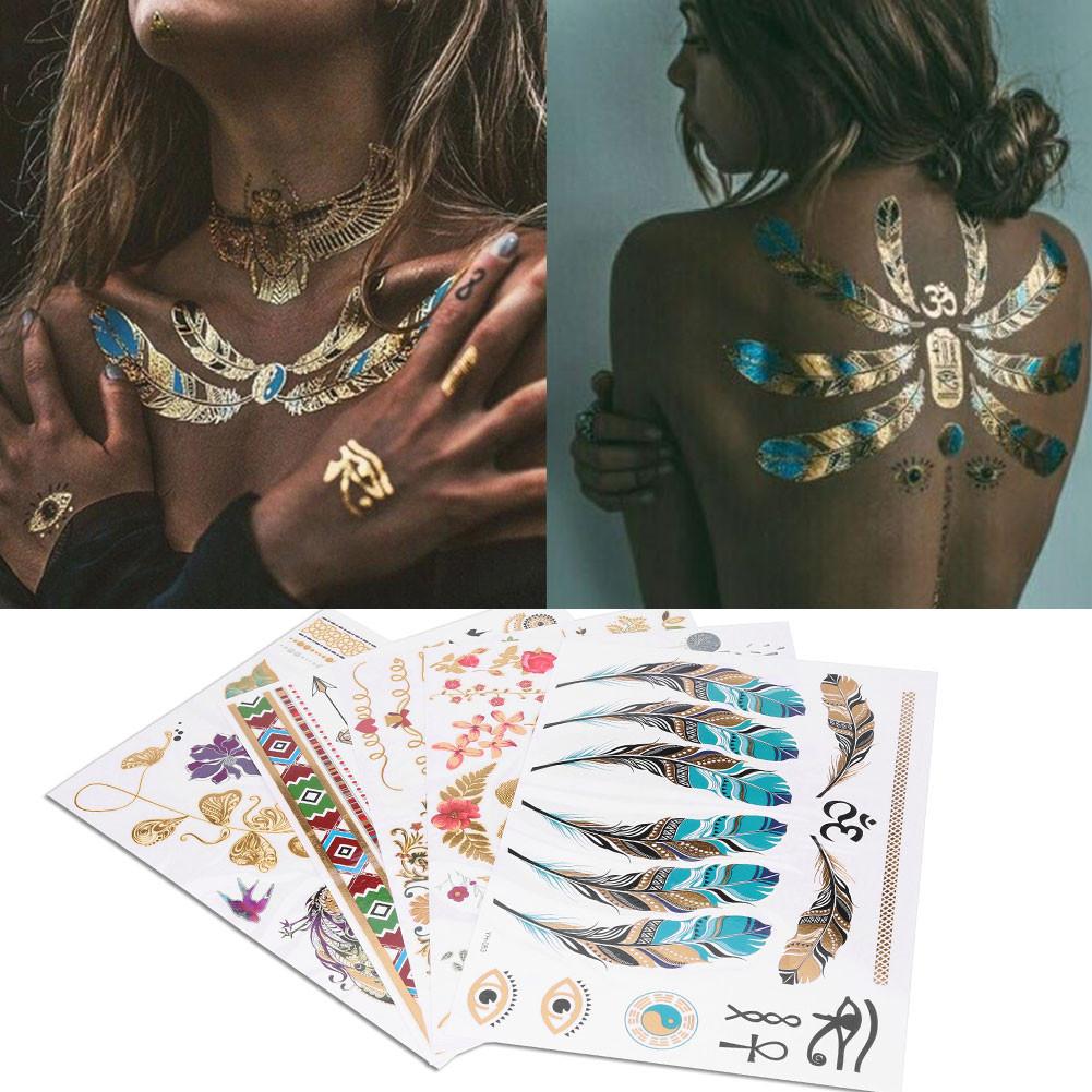 5pcs Mixed Metallic Golden Silver Colorful Pattern Temporary Disposable Tattoo Stickers