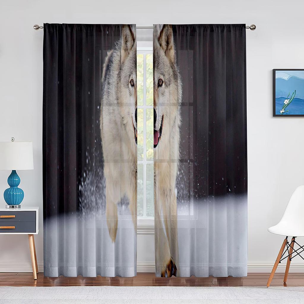Pack of Wolves In Winter Forest Fantasy Tulle Curtains for Living Room Bedroom Chiffon Sheer Voile Kitchen Window Curtain Drapes