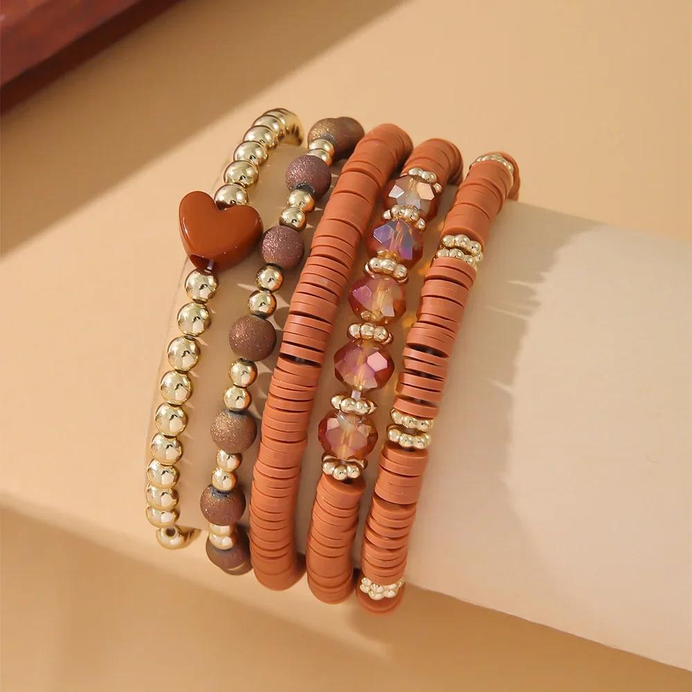 Five Piece Bohemian Bracelet Set Soft Ceramic Elastic Rope Handmade Love Gold Bead Jewelry Christmas Color Fashion Bracelet