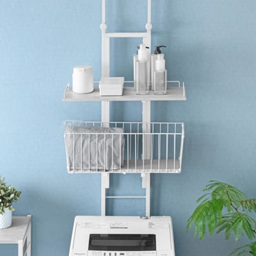 Tansu Gen Laundry Rack, 60cm Wide, Tension-Mounted, 9 Tiers, Adjustable Height, Vertical, Waterproof Pan Compatible, Basket Included, Slim, Space-Savi