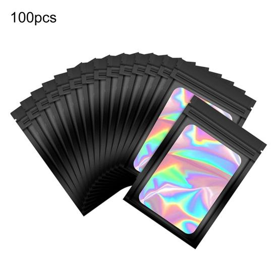 100 ks Samolepicí sáčky Víceúčelové Přenosné Holografické Balicí sáčky Uzavíratelné Sáčky z hliníkové fólie proti zápachu Zipové sáčky s průhledným okénkem
