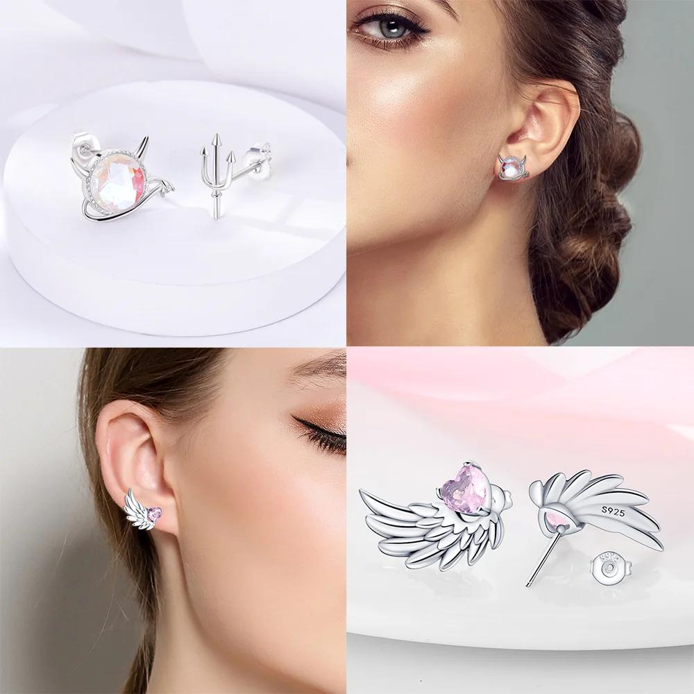 Heart Wings Stud Earrings 925 Silver Star Moon Design Women's Jewelry Devil's Eye Earrings Pendant Valentine's Day Jewelry Gifts
