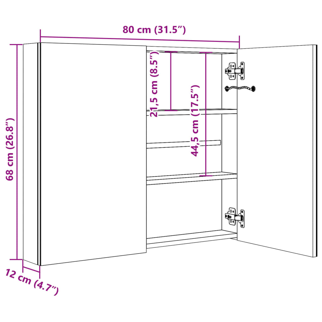 LED Bathroom Mirror Cabinet Glossy Black 80 X 12 X 68 Cm