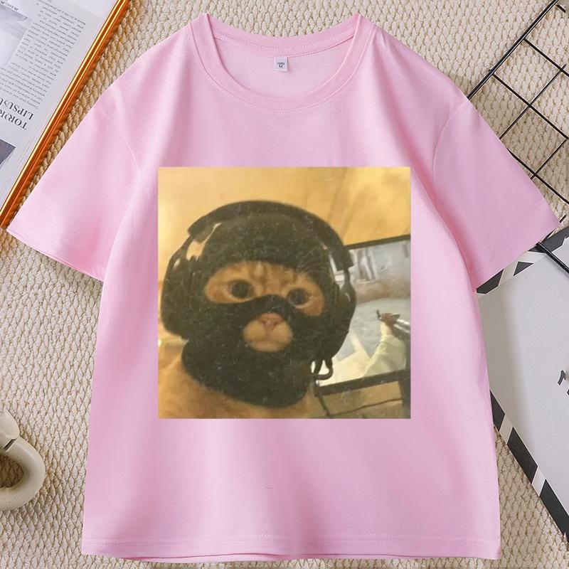 Vintage Funny Gamer Cat T Shirt Tactical Kitty Joke Tee Cool Cat Short Sleeve Round Neck Tshirt Streetwear Loose Clothes Tops