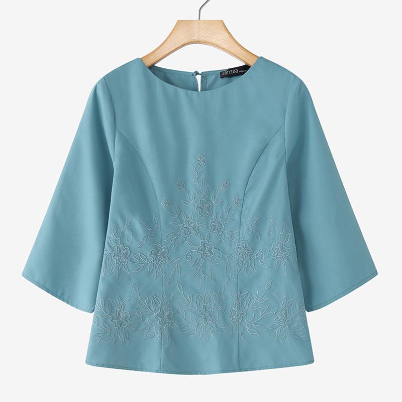 

ZANZEA Женская повседневная блузка с круглым вырезом и рукавами 3/4, свободного кроя, с вышивкой 5XL синий