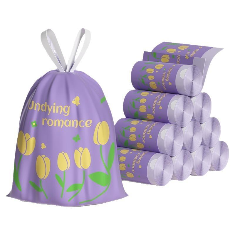 Thick Pe Reusable Trash Bag With Drawstring And Tulip Pattern For Home Waste Disposal
