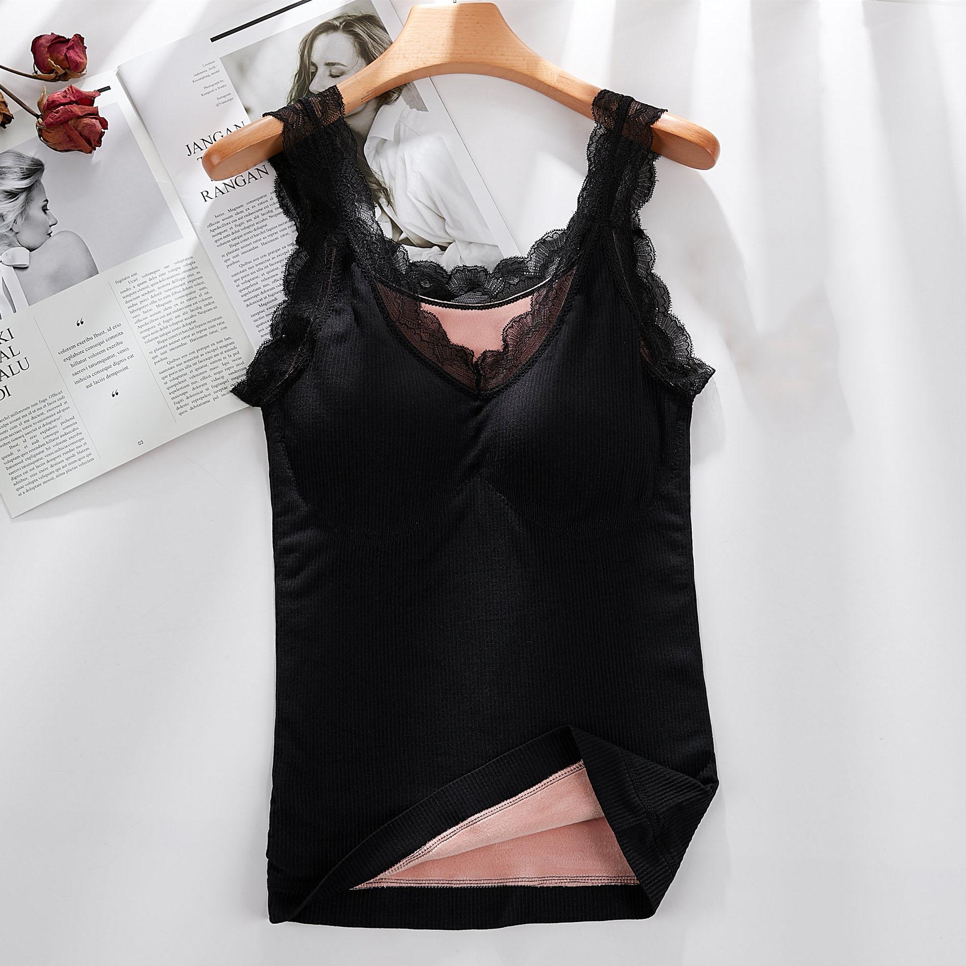 

Термобелье больших размеров женское бархатное кружевное с V-образным вырезом сексуальное облегающее теплое жилет майка хлопковые топы M чёрный