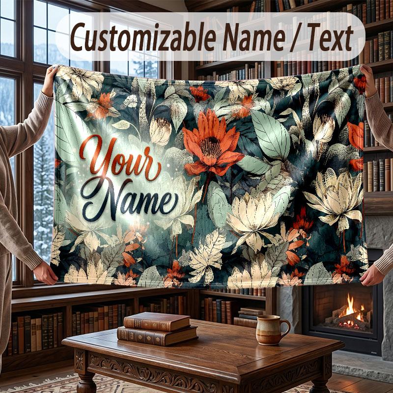 Floral Garden Theme Throw Blanket Custom Name Text Personalized Blanket Soft Cozy Blanket for Home Sofa Bed