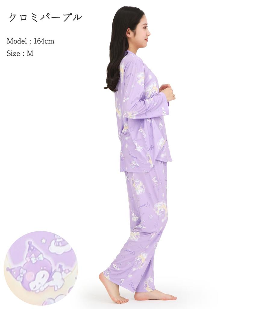 SAZAC Kuromi Shirt Pajamas, Powder Stretch, Women's, Long Sleeve and Pants Set, Loungewear (Purple/M/SAN1908)