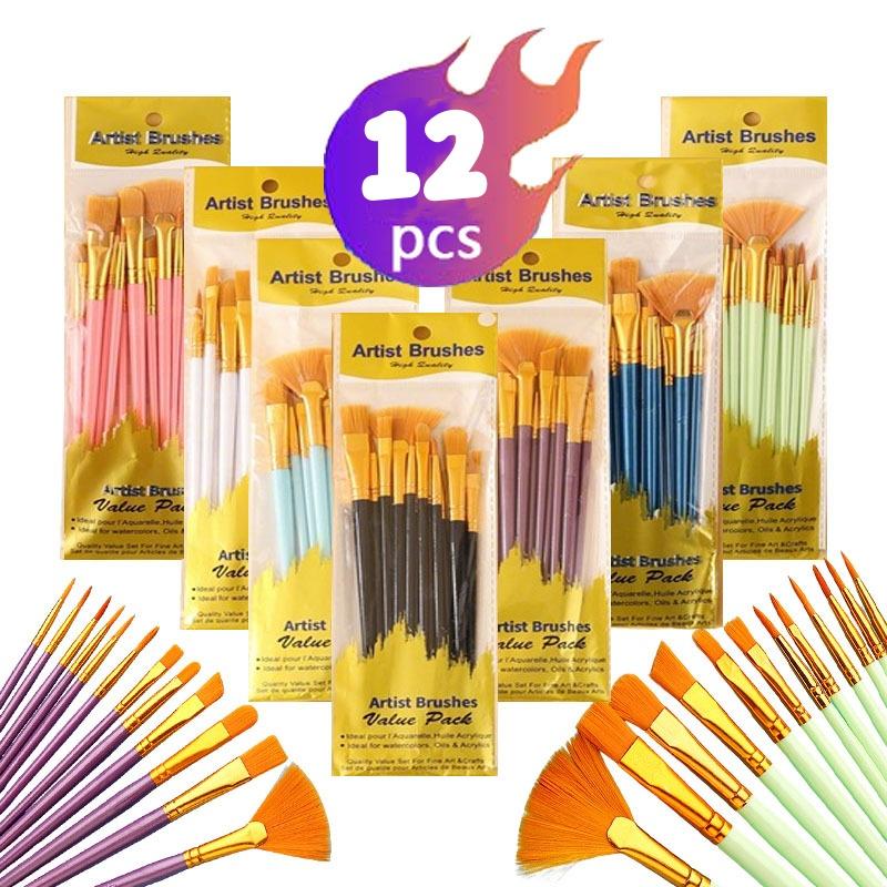 12Pcs Nylon Bristle Brush Set Flat Brushes Watercolor Oil Paint For Artists Amateur And Acrylic Paintings Fabric Brushes