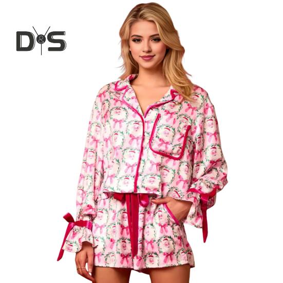 

2 шт./комплект рождественской пижамы с отложным воротником, однобортный кардиган с цветным принтом и бантом, топ, эластичная резинка на талии, шорты, одежда для сна, одежда для отдыха Санты S розы красного