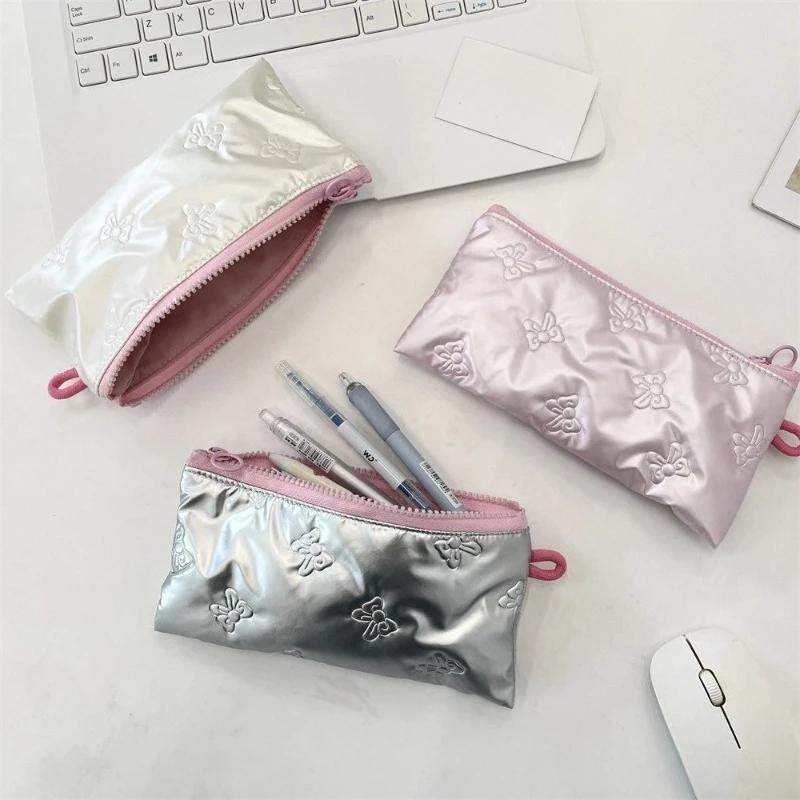 Multifunctional PU Leather Pen Bag Large Capacity Bowknot Printing Pen Pouch Student Pencil Case Stationery Storage Organizer