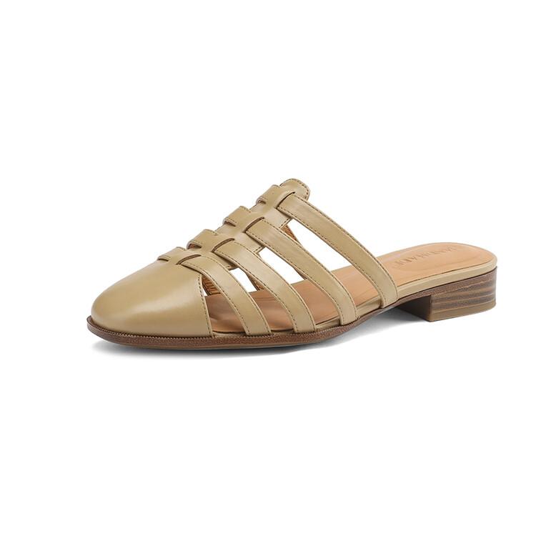 Fashion 2025 New Summer Shoes Women Square Toe Shoes for Women Split Leather Women Slippers Low Heels Mules Handmade Gladiator Shoes
