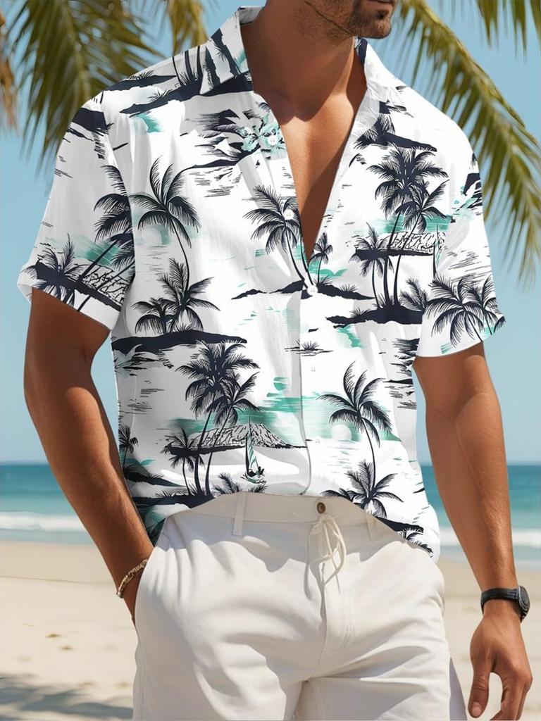 Herren Freizeit-Kurzarmhemd, Mehrfarbig, Verschiedene Größen erhältlich, Polyester-Material, Kokospalmen-Musterdruck, Geeignet für den täglichen Gebrauch,