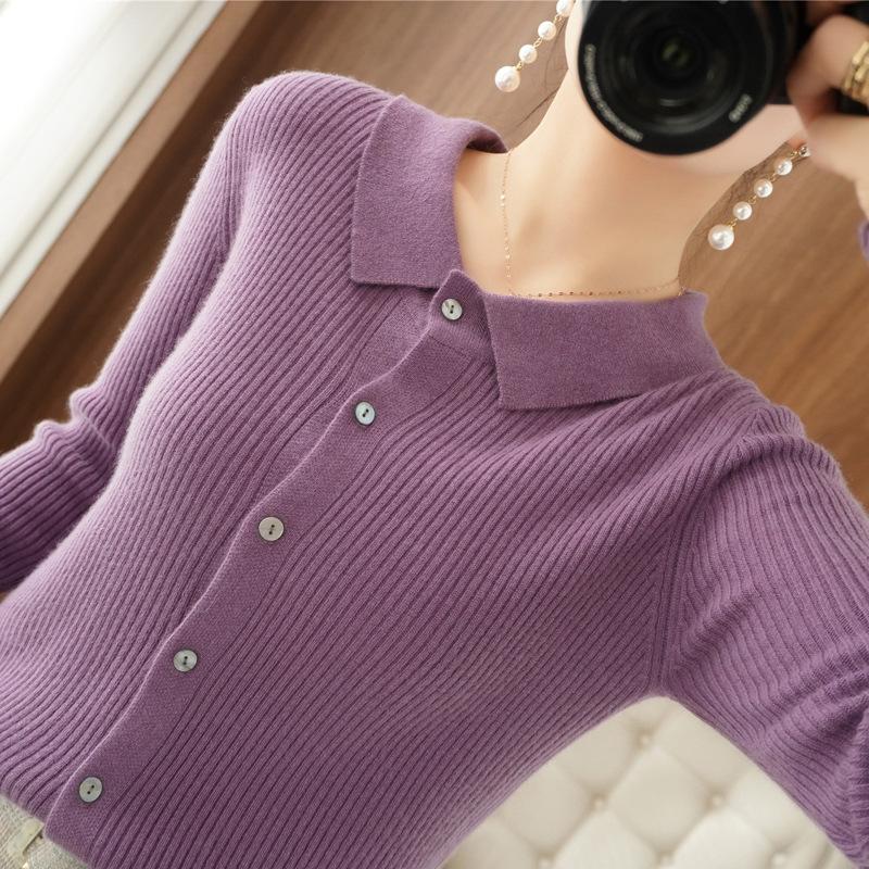 

Новая рубашка Женский кардиган с длинным рукавом Вязаная куртка Приталенный Большой размер Свитер с вырезом поло Однотонный топ на пуговицах XXL