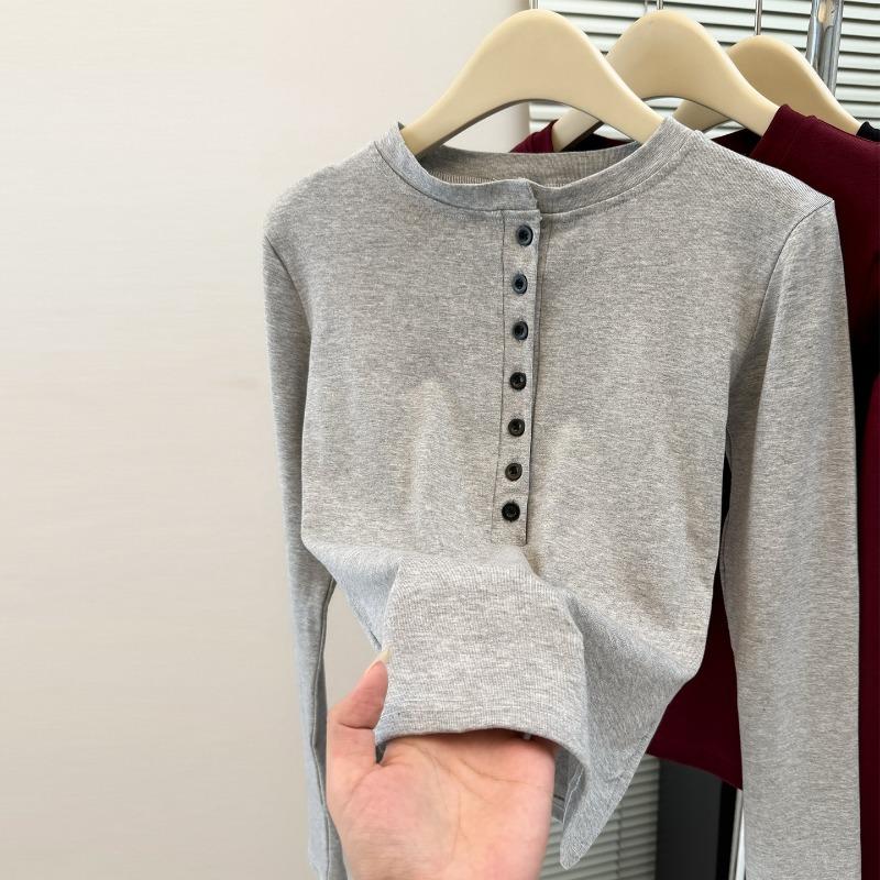 Real shot button crew neck long sleeve T-shirt women's early autumn slim fit bottoming shirt sweet spice girl top