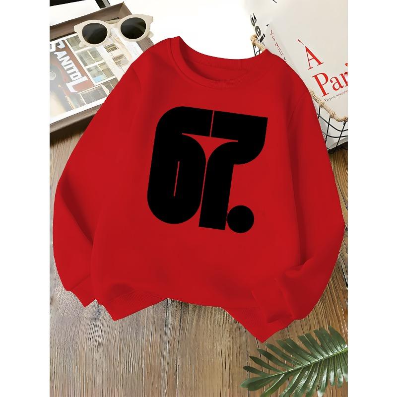 Kids Unisex Crewneck Sweatshirt, Minimalist Bold Black Number 67 Dot Print Soft Fleece Long Sleeve Pullover For Boys Girls Over 4 Years Old