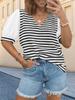 Women's Striped Color Block V Neck T Shirt Puff Sleeve Oversized Casual Top