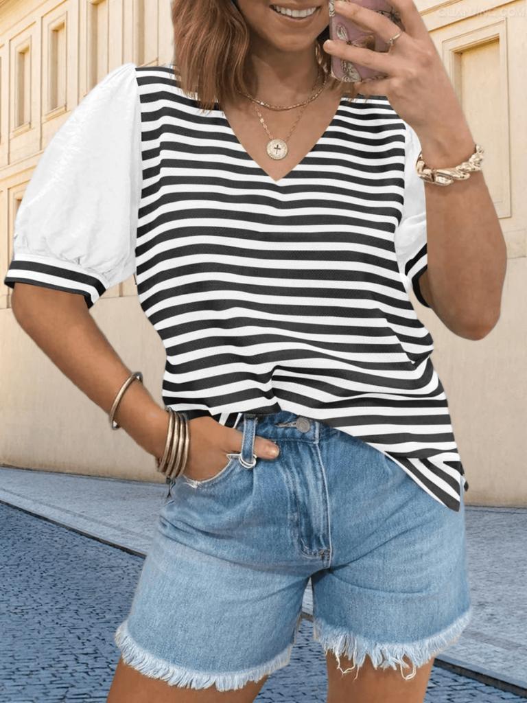 Women's Striped Color Block V Neck T Shirt Puff Sleeve Oversized Casual Top
