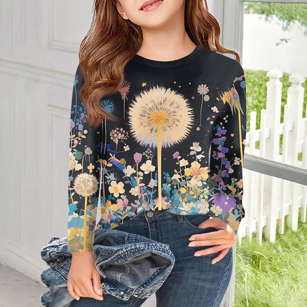 Dívčí trička s dlouhým rukávem Dětské podzimní topy Kulatý výstřih Potištěná základní trička