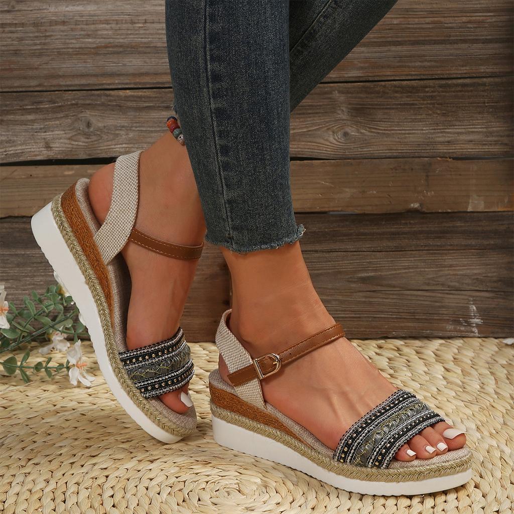 Womens Braided Jute Platform Wedge Sandals Open Toe Buckle Strap Ankle Strap Casual Summer Shoes