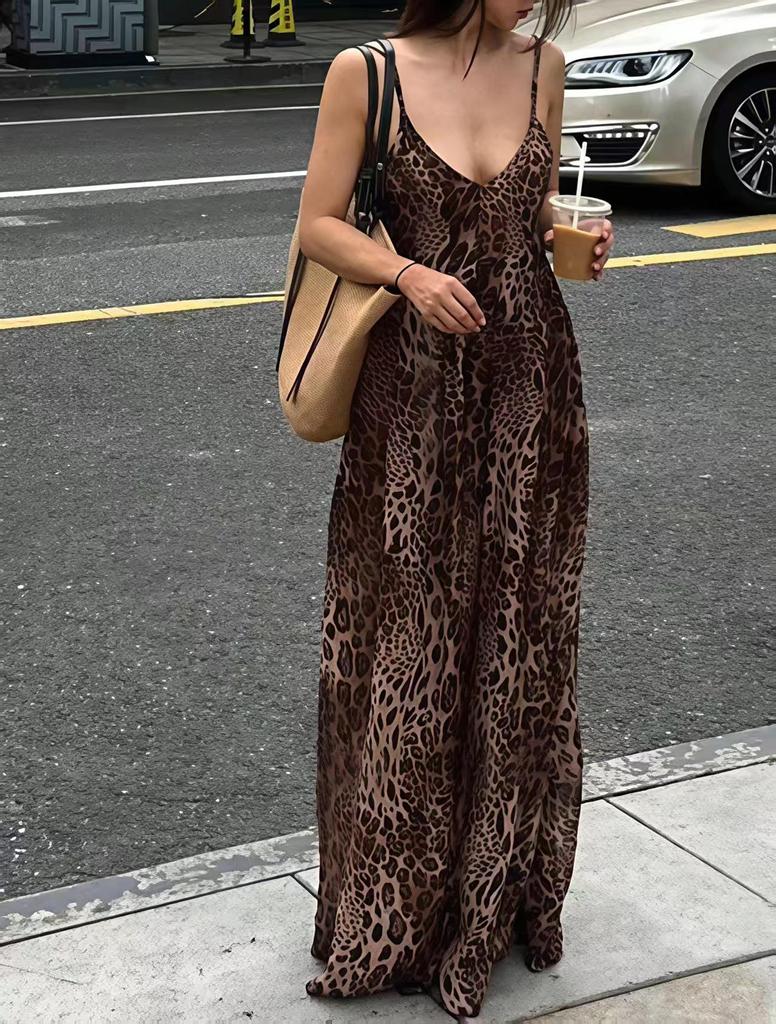 Spicy Leopard Print Backless V-Neck Spaghetti Strap Summer Dress - Elegant and Slim Fit