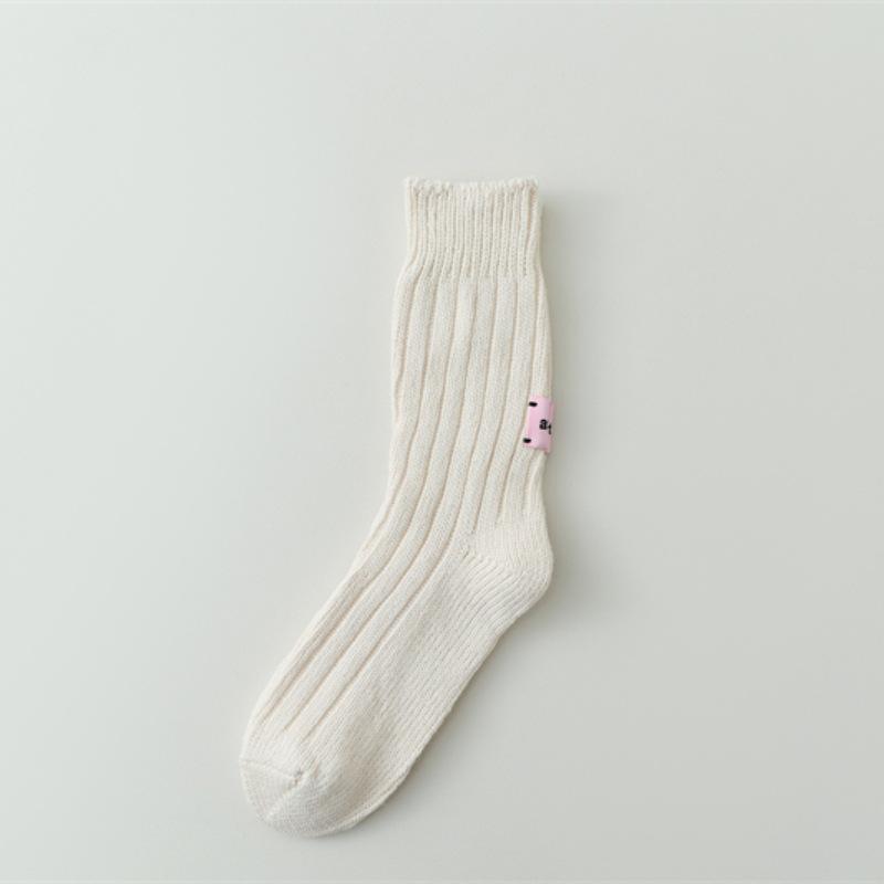 Japanese Pink Label Chunky Knit Mid-Calf Socks - Unisex Solid Color Raw Cotton