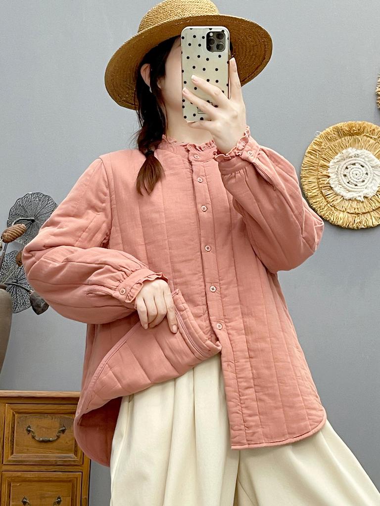Women's Lightweight Quilted Cotton Jacket - Retro Lace Collar, Warm Winter Inner Wear