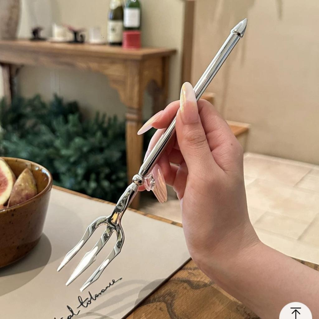 1pc Heavy-Duty Stainless Steel Trident Fork - Long Handle with Glossy Finish & Trident Tip (3-Prong) for Dinner, Salad, Dessert