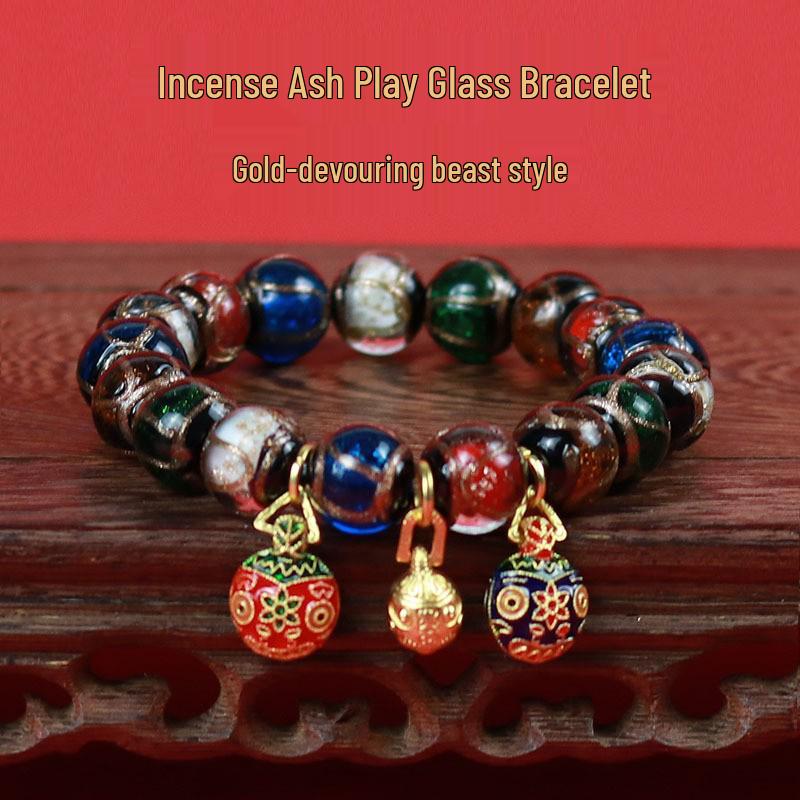 

Multicolored Incense Ash Glazed Handcrafted Beaded Bracelet with Swallowing Gold Beast Design for Five-Color Benming Year 14mm Men s Enhanced