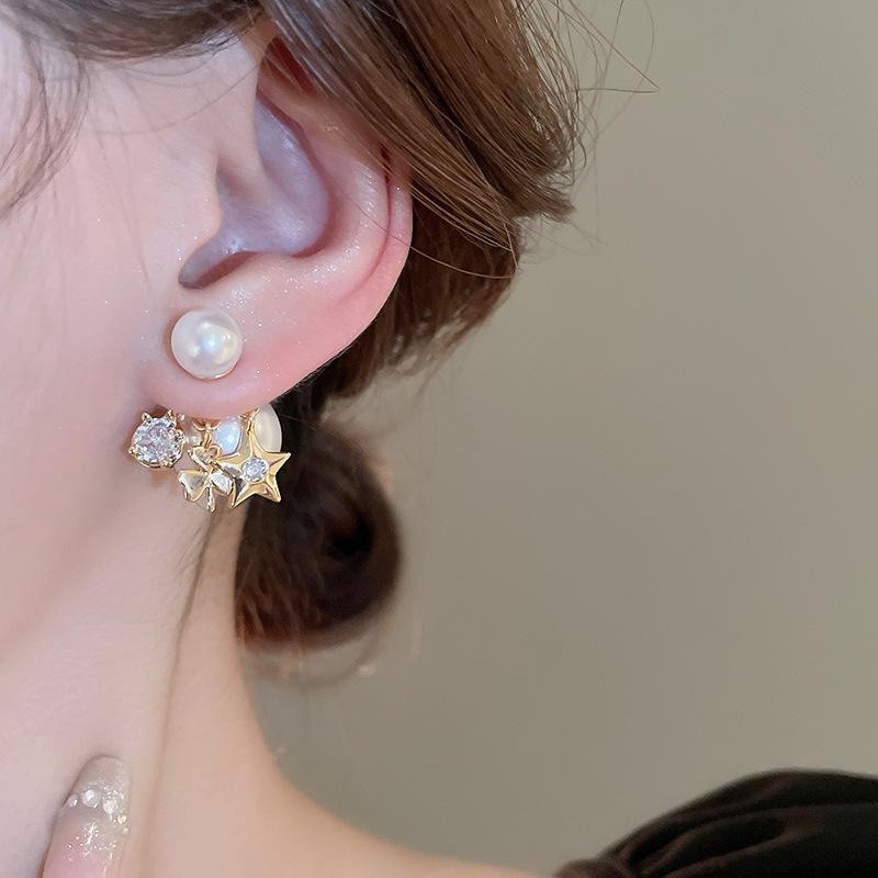 Metallic Star Flower Imitation Pearl Silver Needle Earrings Real Gold Electroplating Temperament Earrings