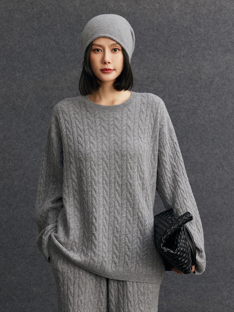 

Women s Cashmere Cable Knit Round Neck Loose Sweater - Versatile, Simple, Autumn Winter Style One Size