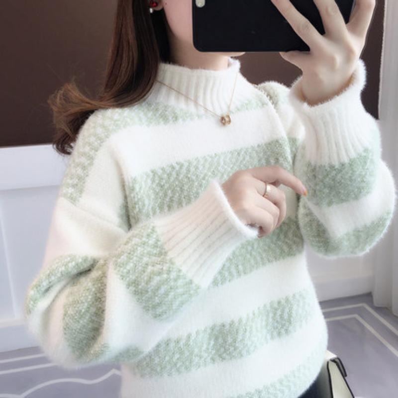 Autumn Casual Half High Collar Knitted Sweater Women Fashion Long Sleeve Loose Striped Winter Pullovers Sweaters Women Elegant Warm Lady Jumpers 25522