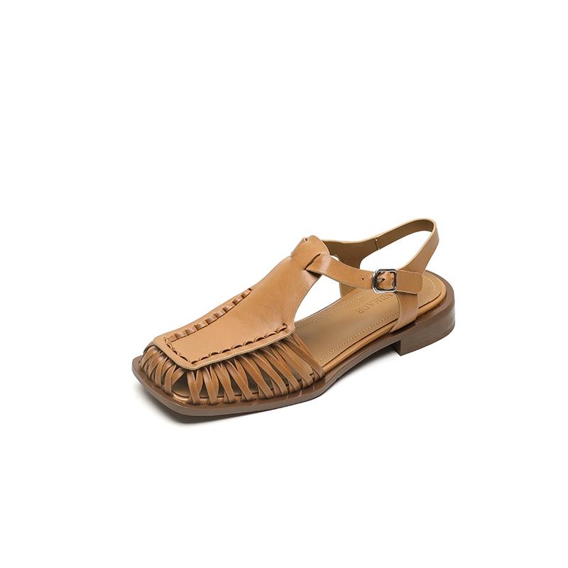 Fashion Women's new summer square head genuine leather cowhide low heel retro elastic buckle comfortable breathable hooded Roman sandals