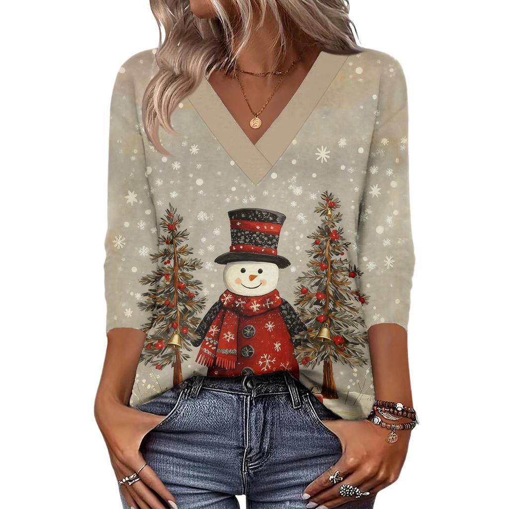 Women's Loose Comfortable Casual Fashion V-Neck Christmas Print 3/4 Sleeve Top